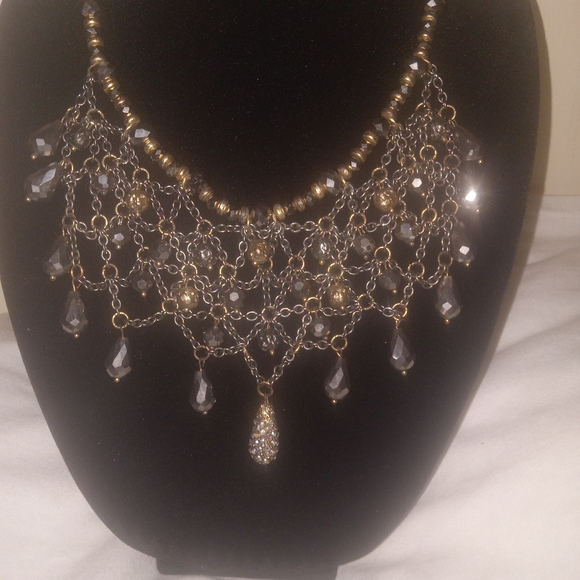 Vintage Chico's BoHo Bibb Necklace style Gold silver brown glass mix metals bead - Picture 2 of 16